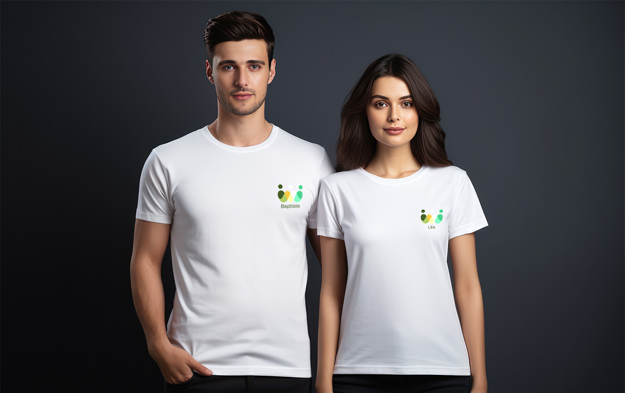 Deux personnes côte à côté avec chacun un t-shirt personnalisé