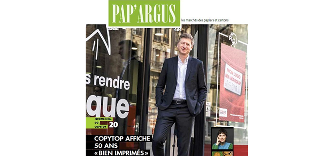 Première de couverture du magazine Pap’Argus (mars 2025) mettant à l’honneur Jérôme Niel, Directeur Général de COPYTOP, devant une agence de l’enseigne. La couverture annonce un entretien consacré aux 50 ans de COPYTOP avec le titre : « COPYTOP affiche 50 ans bien imprimés ».