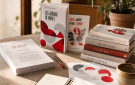 Livres imprimés à couverture personnalisée posé sur un bureau, illustrant les solutions d'impression de livres, romans et projets d'auto-édition avec reliure professionnelle.