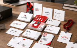 Bureau présentant un assortiment de cartes de visite personnalisées et de cartes imprimées professionnelles, incluant différents formats, papiers et finitions, pour la communication d'entreprise, le networking et les supports de correspondance.