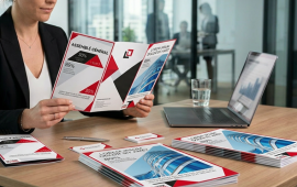 Sélection de plaquettes commerciales, dépliants, brochures et supports imprimés personnalisés disposés sur une table, illustrant les solutions d'impression professionnelles pour la communication d'entreprise.