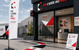 Ensemble de produits de PLV et de signalétique personnalisés comprenant adhésif de sol, adhésif de vitrine, adhésif de voiture, adhésif mural, banderole, bâche, drapeau, enseigne, lettrage adhésif, lettre et logo 3D, PLV de comptoir, panneau de présentation, panneau rigide extérieur, panneau événementiel, plaque professionnelle, stop trottoir. Découvrez nos supports de communication grand format pour la promotion en point de vente, salons et événements.