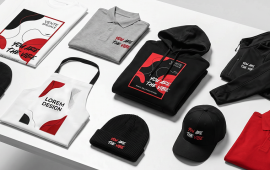 Collection de textiles personnalisés comprenant des t-shirts, polos, vestes, bonnets, casquettes et tabliers imprimés avec un logo, pour les vêtements professionnels, les événements, les associations et les entreprises.