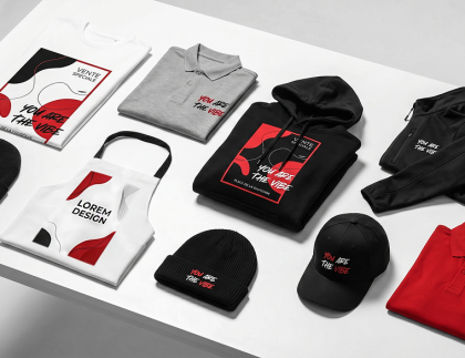 Collection de textiles personnalisés comprenant des t-shirts, polos, vestes, bonnets, casquettes et tabliers imprimés avec un logo, pour les vêtements professionnels, les événements, les associations et les entreprises.