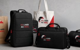Collection de sacs publicitaires personnalisés comprenant un sac à dos, une sacoche pour ordinateur, un sac de sport, un tote bag, un sac en tissu et un sac en kraft imprimés avec un logo ou un visuel. Idéal pour la communication d'entreprise, les événements et les cadeaux promotionnels.