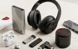 Objets publicitaires high-tech personnalisés comprenant des clés USB, un casque audio, une enceinte Bluetooth, une batterie externe et un hub USB, présentés dans un décor moderne pour illustrer les cadeaux d'entreprise et les accessoires technologiques personnalisables.