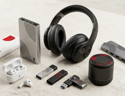 Objets publicitaires high-tech personnalisés comprenant des clés USB, un casque audio, une enceinte Bluetooth, une batterie externe et un hub USB, présentés dans un décor moderne pour illustrer les cadeaux d'entreprise et les accessoires technologiques personnalisables.