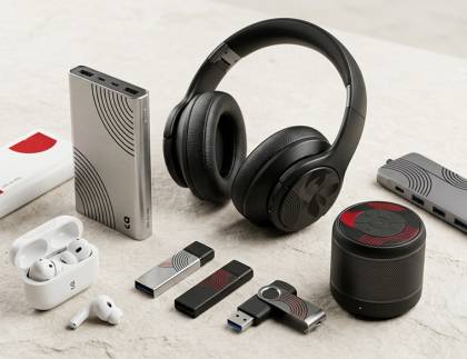 Objets publicitaires high-tech personnalisés comprenant des clés USB, un casque audio, une enceinte Bluetooth, une batterie externe et un hub USB, présentés dans un décor moderne pour illustrer les cadeaux d'entreprise et les accessoires technologiques personnalisables.