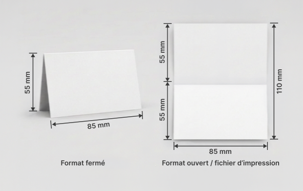 Schéma technique d’un chevalet de table porte nom  plié présentant ses dimensions. Le format fermé mesure 85 mm de largeur et 55 mm de hauteur. À droite, le gabarit d’impression ouvert mesure 85 mm de large et 110 mm de haut, avec un pli horizontal central à 55 mm.