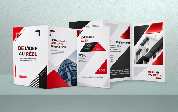 Dépliant premium personnalisé avec finitions haut de gamme, pelliculage, vernis sélectif ou 3D ou encore dorure or, argent, rouge ou holographique, conçu pour une communication professionnelle élégante et impactante.