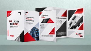 Dépliant premium personnalisé avec finitions haut de gamme, pelliculage, vernis sélectif ou 3D ou encore dorure or, argent, rouge ou holographique, conçu pour une communication professionnelle élégante et impactante.