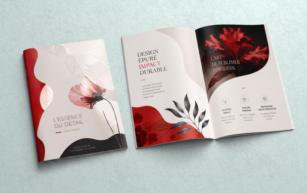 Brochure premium avec pelliculage, vernis sélectif ou 3D et dorure or, argent, rouge ou holographique, imprimée sur papier haut de gamme pour une communication professionnelle et élégant