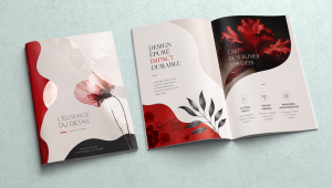 Brochure premium avec pelliculage, vernis sélectif ou 3D et dorure or, argent, rouge ou holographique, imprimée sur papier haut de gamme pour une communication professionnelle et élégant