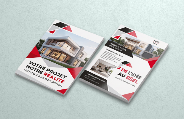 Flyer immobilier personnalisé pour agent ou agence immobilière, avec une impression de qualité professionnelle et des finitions premium pour valoriser un bien immobilier ou promouvoir les services d’une agence.