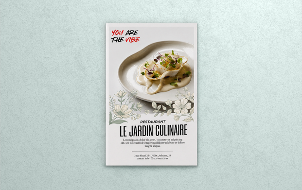 Flyer restaurant personnalisé imprimé en couleur ou en noir et blanc, avec finitions premium pour mettre en valeur les offres, menus, événements et services d’un restaurant.