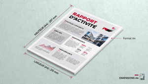 Document A4 imprimé en couleur avec options de finition : perforation 2 ou 4 trous, agrafage 1 ou 2 agrafes et plastification brillante pour protéger et valoriser les impressions.