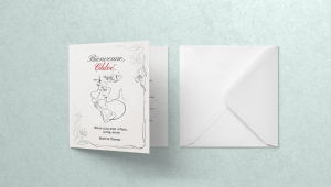 Faire-part de naissance personnalisé avec finitions premium, pelliculage, vernis sélectif, vernis 3D et dorure or ou argent, pour une annonce élégante et raffinée de l’arrivée de bébé.