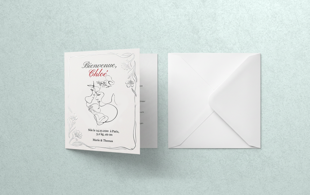 Faire-part de naissance personnalisé avec finitions premium, pelliculage, vernis sélectif, vernis 3D et dorure or ou argent, pour une annonce élégante et raffinée de l’arrivée de bébé.
