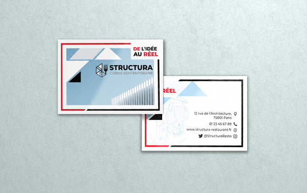 Cartes de visite professionnelles pour restaurant, personnalisées avec le logo, les coordonnées et l'identité visuelle de l'établissement, idéales pour promouvoir un restaurant, un café, un bistrot ou un service de restauration.