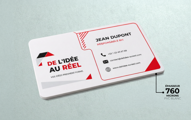 Carte de visite professionnelle en PVC personnalisée, imprimée en couleur avec des coins arrondis, idéale pour présenter son entreprise, ses coordonnées ou identifier les membres et participants lors d’un événement avec perforation ronde possible.