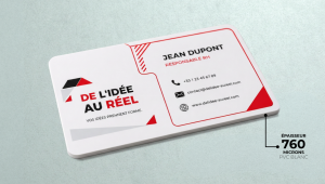 Carte de visite professionnelle en PVC personnalisée, imprimée en couleur avec des coins arrondis, idéale pour présenter son entreprise, ses coordonnées ou identifier les membres et participants lors d’un événement avec perforation ronde possible.