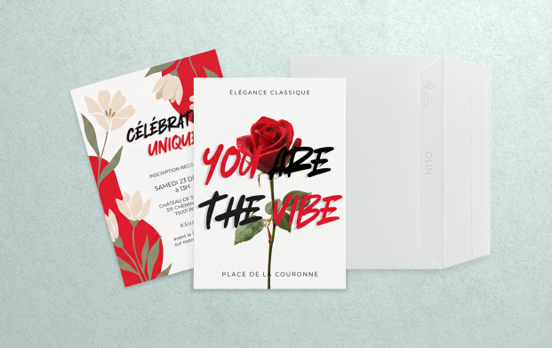 Invitation express personnalisée imprimée pour annoncer un événement professionnel ou privé, comme un gala, un meeting, un lancement de produit, une réception ou une soirée.
