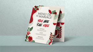 Menu de mariage express personnalisé, imprimé en couleur ou noir et blanc, en recto ou recto-verso, avec ou sans pliage, dans différents formats du A6 au A3 ou carrés, sur papier satiné ou brillant 350 g, avec plastification mate ou brillante pour une finition élégante et protectrice.