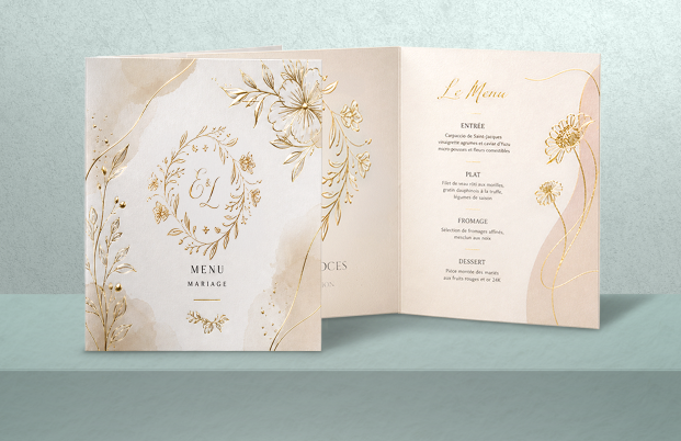 Menu de mariage personnalisé haut de gamme, disponible en différents formats et avec ou sans pliage, imprimé en couleur ou noir et blanc sur papier ivoire, satiné ou brillant, avec finition pelliculage mat, brillant, satiné, peau de pêche ou grain de sable, vernis sélectif ou 3D et dorure or ou argent.