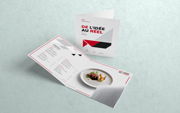 Menu de restaurant express personnalisé imprimé en couleur ou noir et blanc, au format A3, A4, demi-A4, A5, 1/3 A4, A6 ou carré, avec ou sans pliage en deux, sur papier satiné ou brillant 350 g, en recto ou recto-verso, avec plastification mate ou brillante pour les menus sans pli.