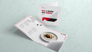 Menu de restaurant express personnalisé imprimé en couleur ou noir et blanc, au format A3, A4, demi-A4, A5, 1/3 A4, A6 ou carré, avec ou sans pliage en deux, sur papier satiné ou brillant 350 g, en recto ou recto-verso, avec plastification mate ou brillante pour les menus sans pli.
