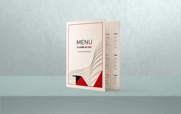 Menu de restaurant classique personnalisé avec impression couleur ou noir et blanc, recto ou recto-verso, disponible avec ou sans pli dans les formats A3, A4, demi-A4, A5, 1/3 A4 et A6, sur papier ivoire, satiné ou brillant, avec plastification mate ou brillante et pelliculage mat, satiné, brillant, peau de pêche ou grain de sable (sauf sur papier ivoire).