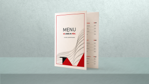 Menu de restaurant classique personnalisé avec impression couleur ou noir et blanc, recto ou recto-verso, disponible avec ou sans pli dans les formats A3, A4, demi-A4, A5, 1/3 A4 et A6, sur papier ivoire, satiné ou brillant, avec plastification mate ou brillante et pelliculage mat, satiné, brillant, peau de pêche ou grain de sable (sauf sur papier ivoire).