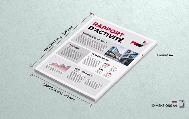 Document A4 imprimé en couleur avec options de finition : perforation 2 ou 4 trous, agrafage 1 ou 2 agrafes et plastification brillante pour protéger et valoriser les impressions.