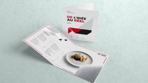 Menu de restaurant express personnalisé imprimé en couleur ou noir et blanc, au format A3, A4, demi-A4, A5, 1/3 A4, A6 ou carré, avec ou sans pliage en deux, sur papier satiné ou brillant 350 g, en recto ou recto-verso, avec plastification mate ou brillante pour les menus sans pli.