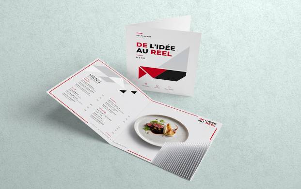 Menu de restaurant express personnalisé imprimé en couleur ou noir et blanc, au format A3, A4, demi-A4, A5, 1/3 A4, A6 ou carré, avec ou sans pliage en deux, sur papier satiné ou brillant 350 g, en recto ou recto-verso, avec plastification mate ou brillante pour les menus sans pli.