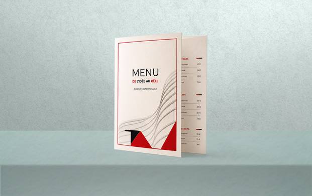 Menu de restaurant classique personnalisé avec impression couleur ou noir et blanc, recto ou recto-verso, disponible avec ou sans pli dans les formats A3, A4, demi-A4, A5, 1/3 A4 et A6, sur papier ivoire, satiné ou brillant, avec plastification mate ou brillante et pelliculage mat, satiné, brillant, peau de pêche ou grain de sable (sauf sur papier ivoire).