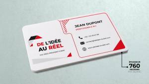 Carte de visite professionnelle en PVC personnalisée, imprimée en couleur avec des coins arrondis, idéale pour présenter son entreprise, ses coordonnées ou identifier les membres et participants lors d’un événement avec perforation ronde possible.