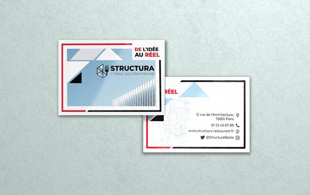 Cartes de visite professionnelles pour restaurant, personnalisées avec le logo, les coordonnées et l'identité visuelle de l'établissement, idéales pour promouvoir un restaurant, un café, un bistrot ou un service de restauration.