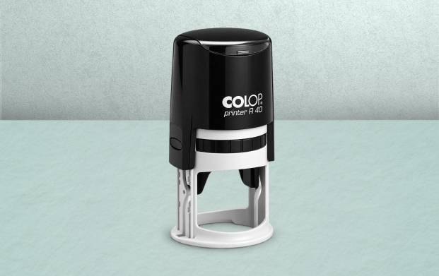 Tampon encreur automatique rond COLOP Printer R40, noir et blanc, pour personnaliser vos documents professionnels avec votre logo.