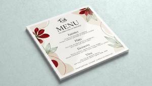 Menu de mariage classique personnalisé imprimé en couleur ou noir et blanc, en recto ou recto-verso, sur papier ivoire 240g, satiné 350g ou brillant 350g, avec ou sans pliage et au choix avec pelliculage mat, satiné, brillant, peau de pêche ou grain de sable, ou plastification mate ou brillante pour les menus sans pli.