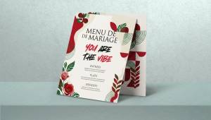 Menu de mariage express personnalisé, imprimé en couleur ou noir et blanc, en recto ou recto-verso, avec ou sans pliage, dans différents formats du A6 au A3 ou carrés, sur papier satiné ou brillant 350 g, avec plastification mate ou brillante pour une finition élégante et protectrice.
