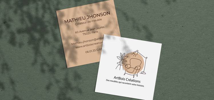 Cartes de visite 82x82mm | Format carré original | COPYTOP Faites imprimer vos cartes de visite carrées sur mesure chez COPYTOP. Papier épais 350g, pelliculage mat ou brillant, coins arrondis. Impression de qualité pour un rendu professionnel et créatif.