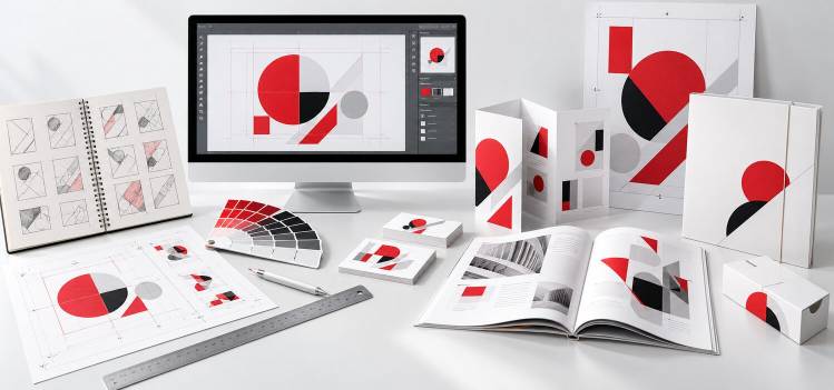 Étapes de création d’un support de communication, des premières maquettes aux brochures, cartes, affiches et packaging imprimés