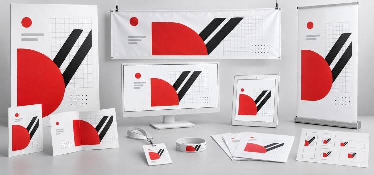 Même création graphique adaptée sur une affiche, une bannière, un roll-up, une invitation, un badge et des supports numériques