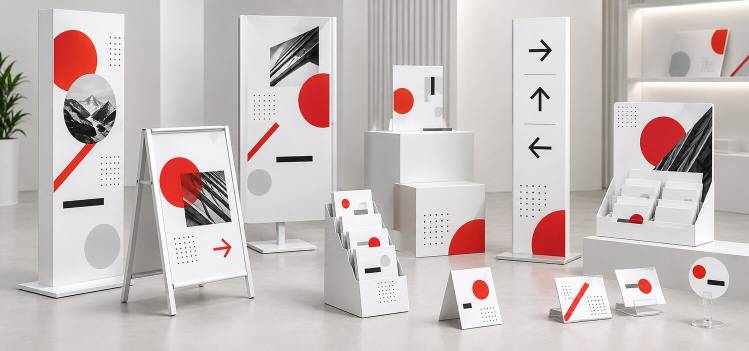 Totems, stop-trottoir, présentoirs et supports directionnels blancs personnalisés pour un point de vente