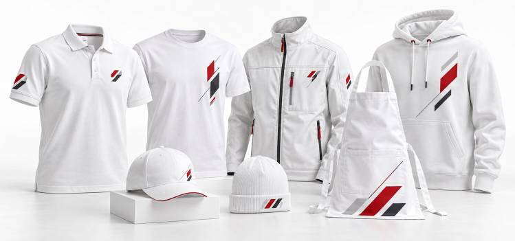 Polo, T-shirt, veste, sweat, tablier, casquette et bonnet blancs personnalisés en rouge, noir et gris