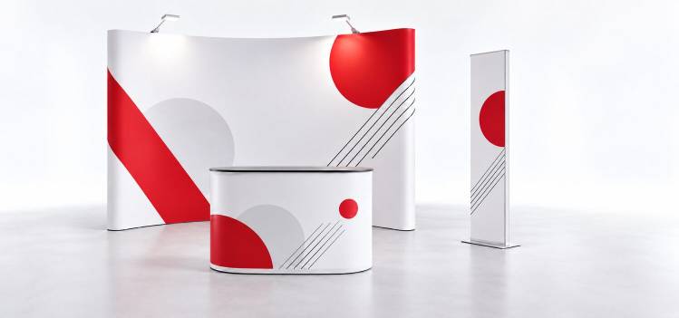 Plusieurs formats de stands parapluie personnalisés avec visuels imprimés pour salons et événements professionnels