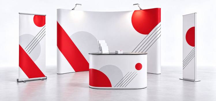 Stand de salon professionnel aménagé avec mur d’image, comptoir d’accueil, roll-up et totem personnalisés
