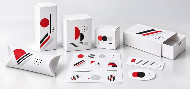 Assortiment de boîtes, fourreaux, berlingots et étiquettes personnalisés pour présenter différents produits