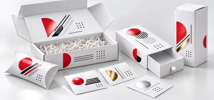 Packagings personnalisés avec exemples de finitions dorées, argentées et brillantes sur boîtes et cartes